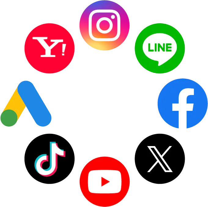 Instagram、LINE、Facebook、X、Youtube、Tiktok、Google Ads、Yahoo